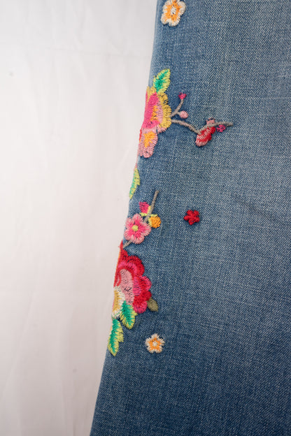 Johnny Was Medium Wash Floral Embroidered Mid-Rise Distressed Raw Boot Cut Jeans