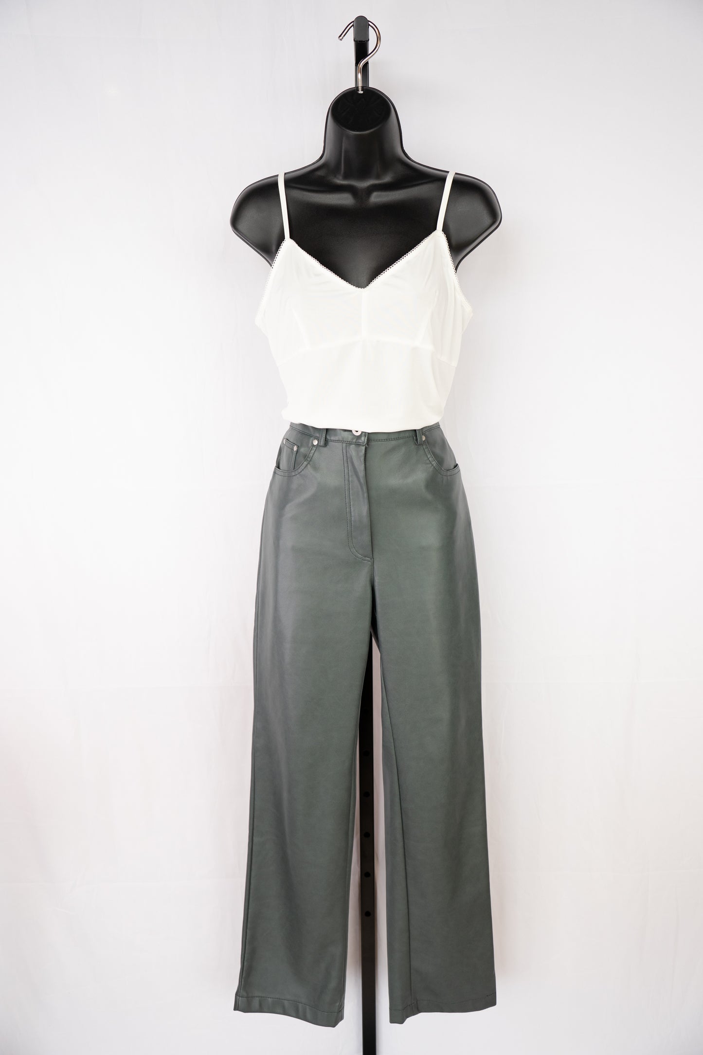 7 For All Mankind Faux Leather Dark Dusty Green High-Waist Straight Leg Pants