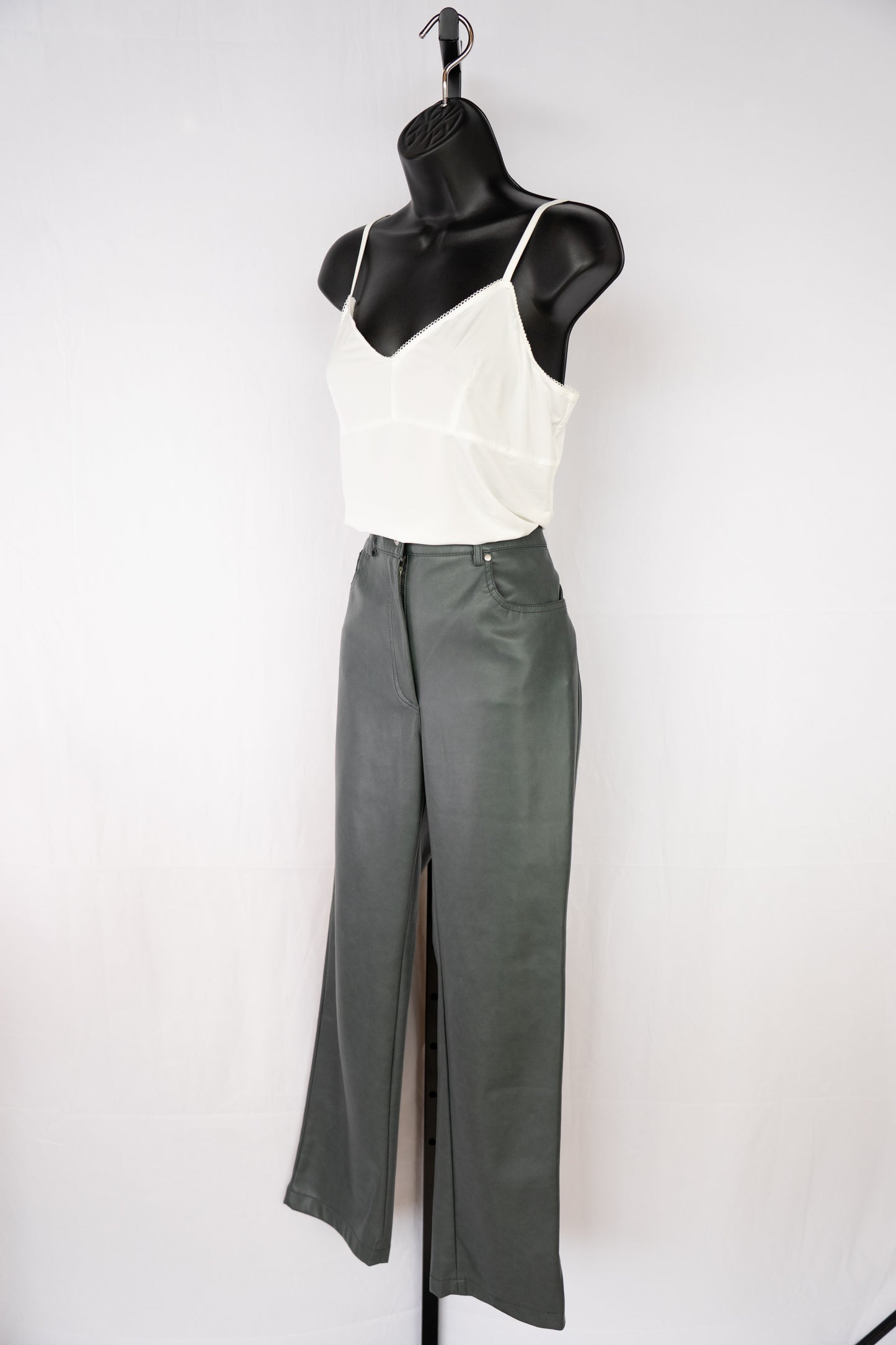 7 For All Mankind Faux Leather Dark Dusty Green High-Waist Straight Leg Pants