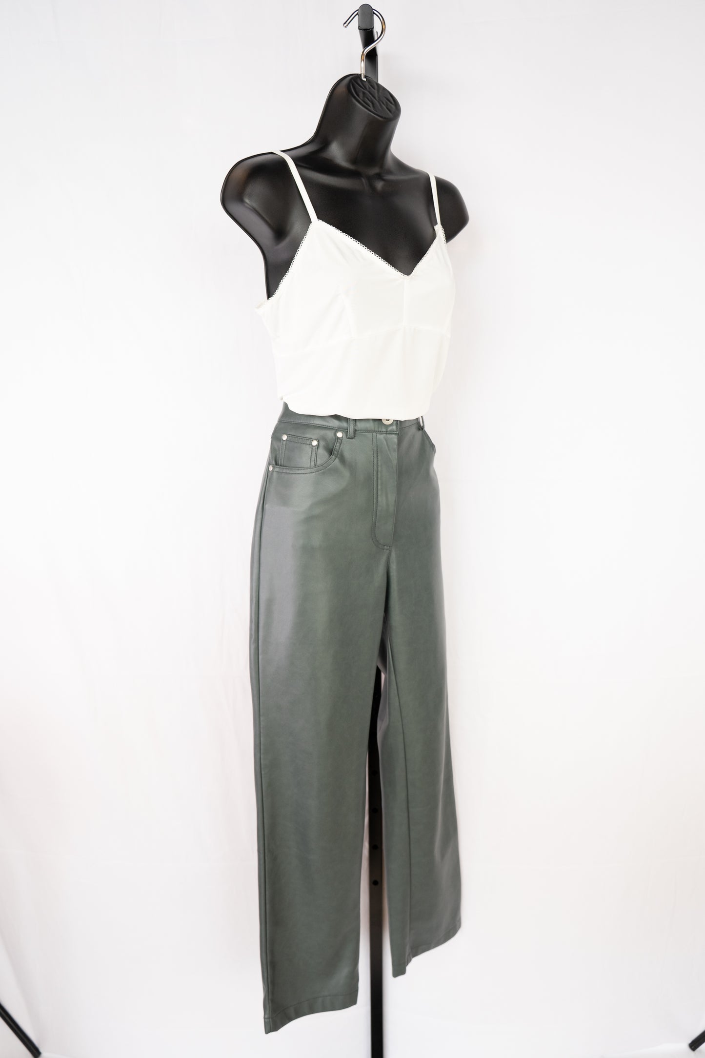 7 For All Mankind Faux Leather Dark Dusty Green High-Waist Straight Leg Pants