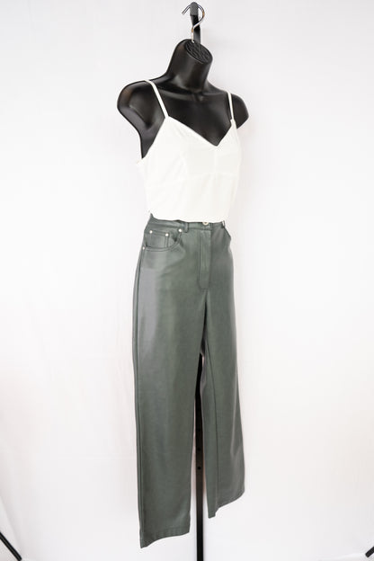 7 For All Mankind Faux Leather Dark Dusty Green High-Waist Straight Leg Pants