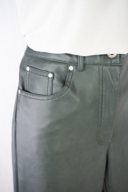 7 For All Mankind Faux Leather Dark Dusty Green High-Waist Straight Leg Pants