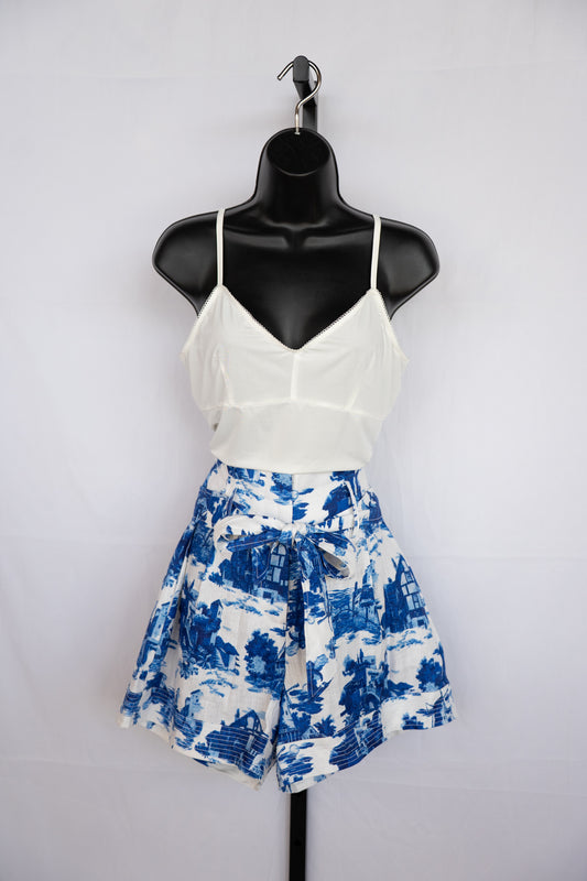 Cara Cara White & Blue Print Paper Bag Shorts NWT