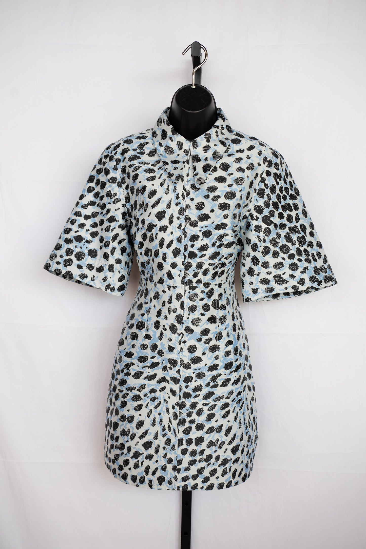 Ganni Light Blue w Black Print Half Sleeve Half Zip Knee-Length Dress