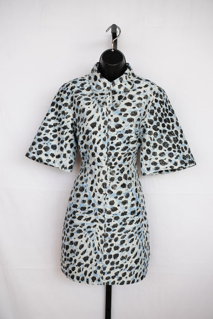 Ganni Light Blue w Black Print Half Sleeve Half Zip Knee-Length Dress