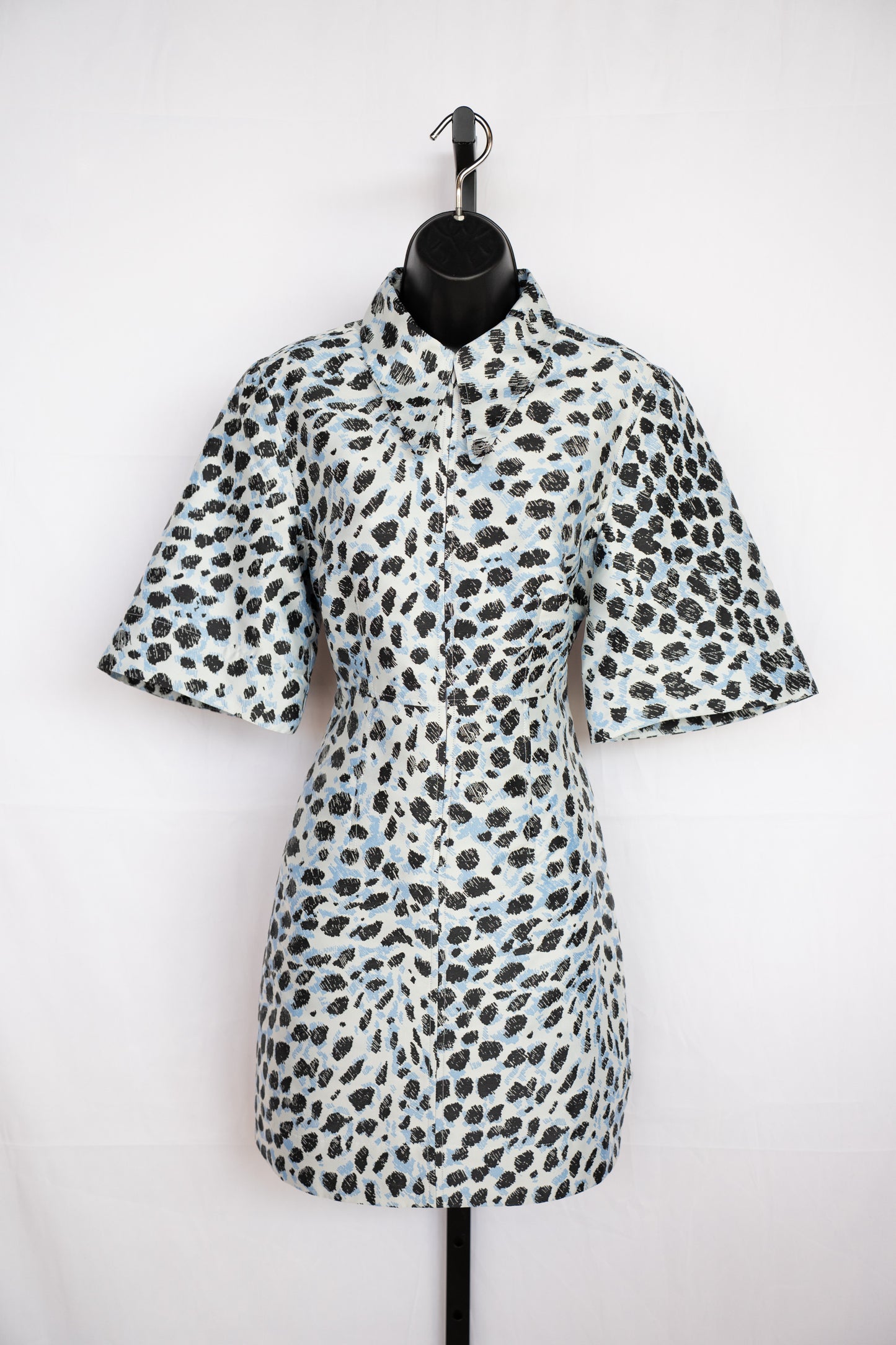 Ganni Light Blue w Black Print Half Sleeve Half Zip Knee-Length Dress