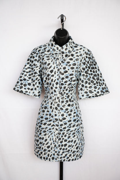 Ganni Light Blue w Black Print Half Sleeve Half Zip Knee-Length Dress