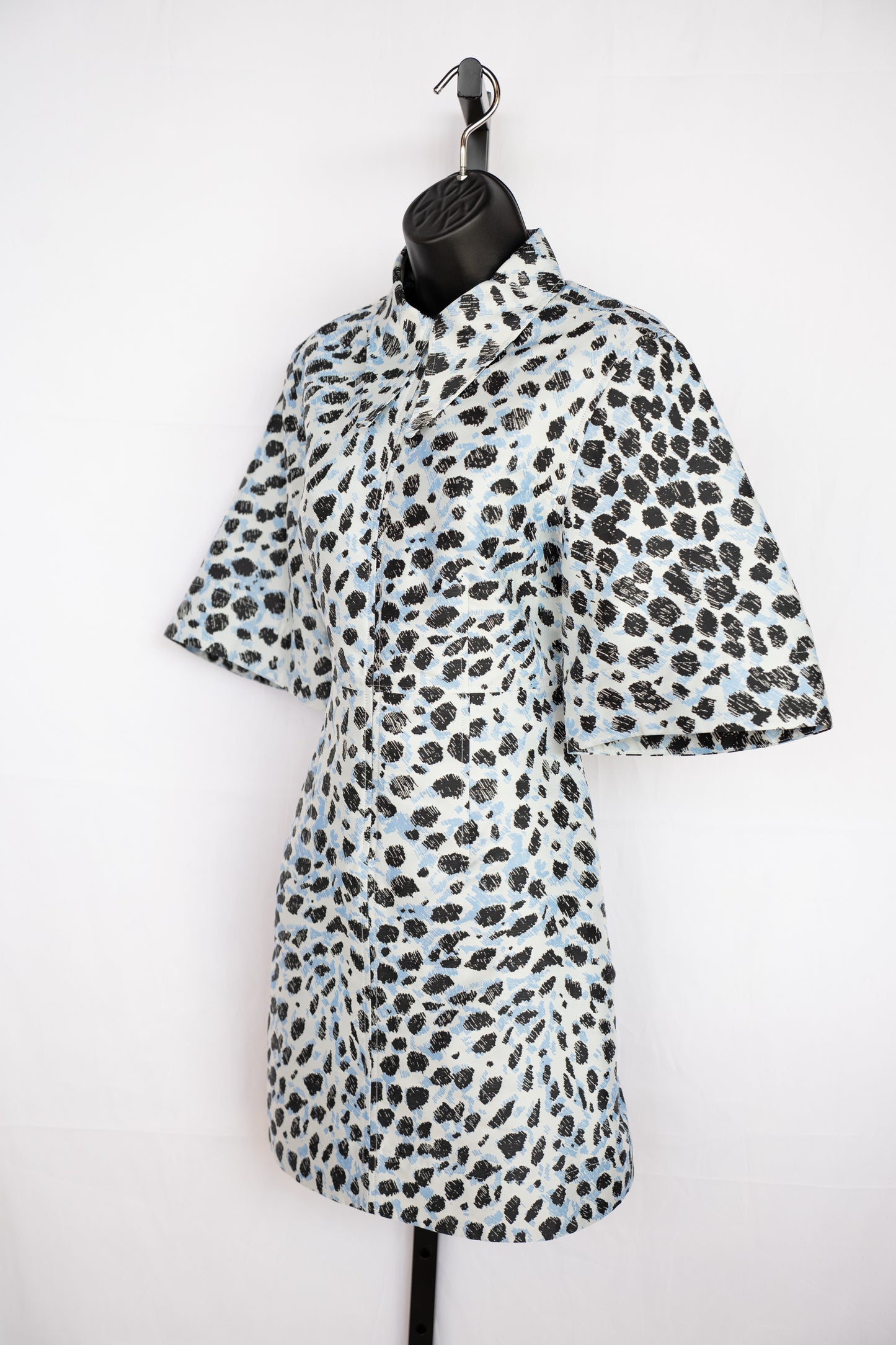 Ganni Light Blue w Black Print Half Sleeve Half Zip Knee-Length Dress
