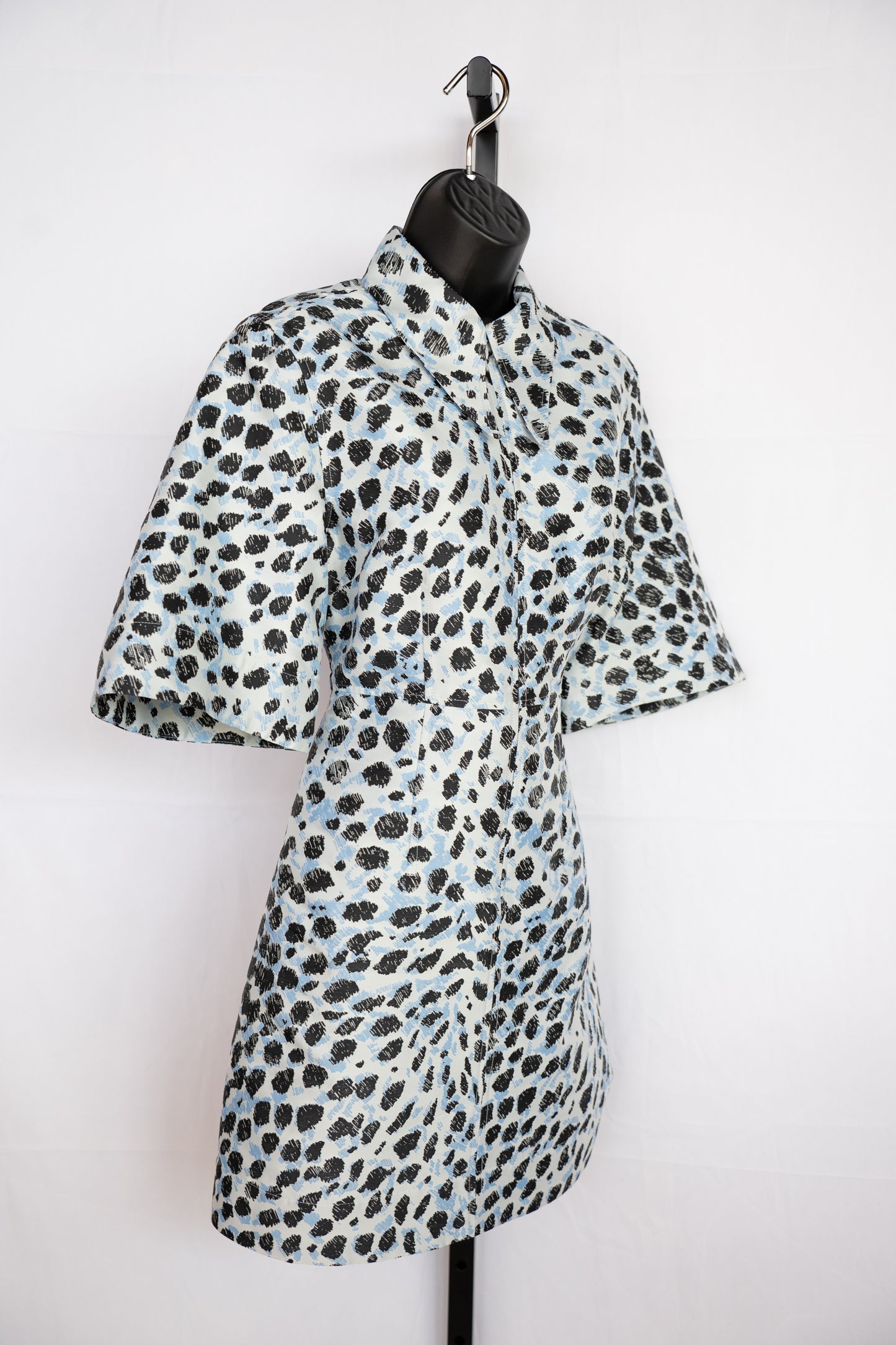Ganni Light Blue w Black Print Half Sleeve Half Zip Knee-Length Dress