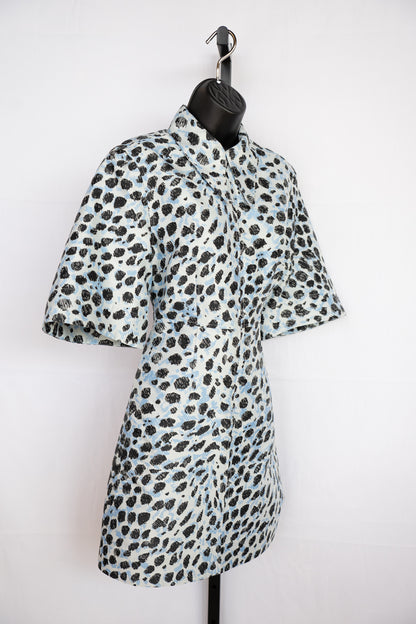 Ganni Light Blue w Black Print Half Sleeve Half Zip Knee-Length Dress