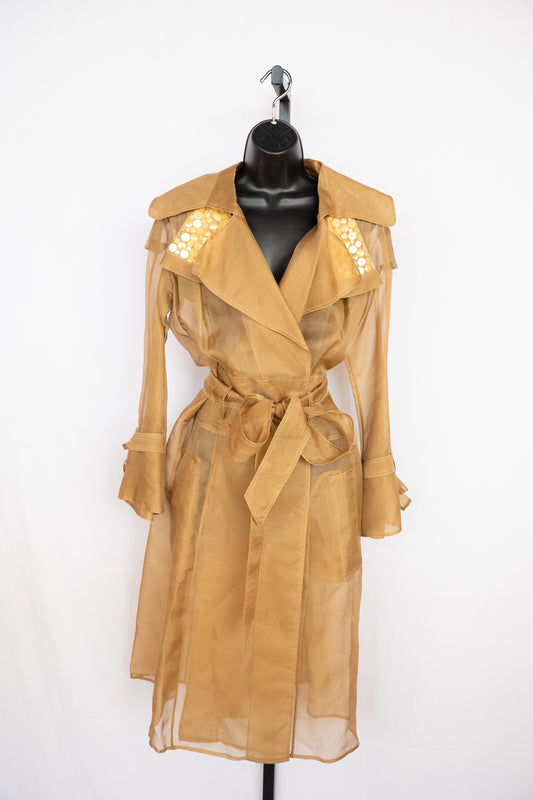 Rachel Roy Neutral Tan Sheer Long Sleeve Full-Length Jacket w Gold Button Detail NWT