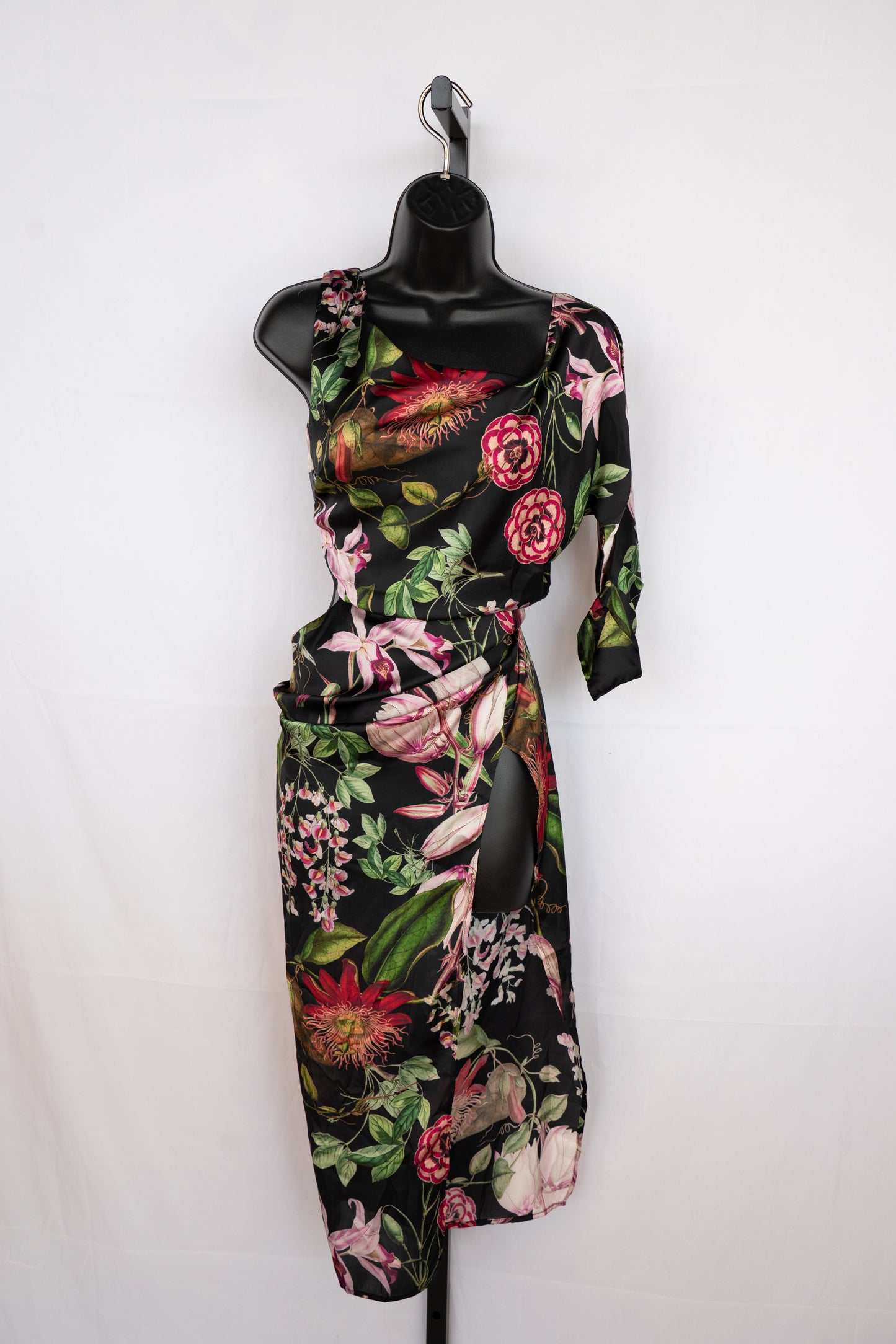 Katie May Black w Multicolor Realistic Floral One Long Shoulder Cut-Out Hip Maxi Dress w Slit