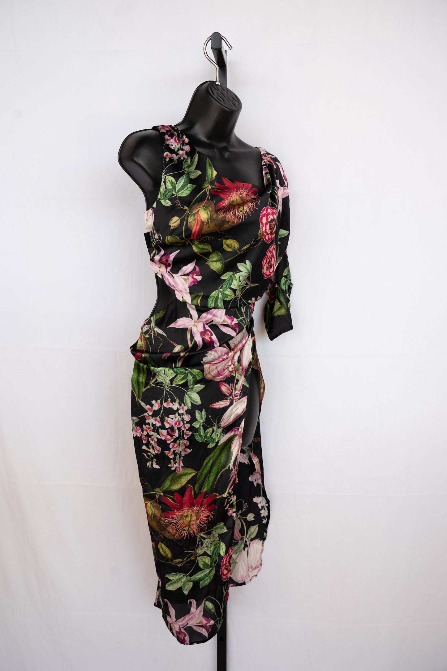 Katie May Black w Multicolor Realistic Floral One Long Shoulder Cut-Out Hip Maxi Dress w Slit