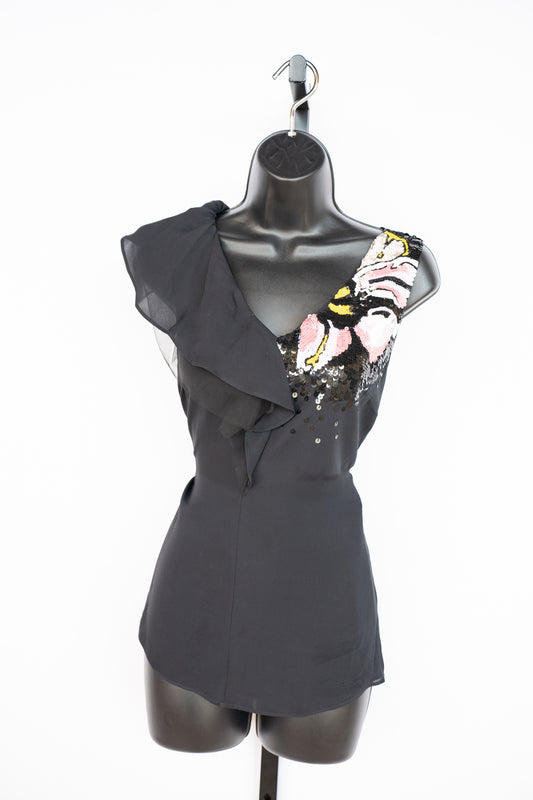 Emilio Pucci Silk Black Single Flutter Cap Sleeve Top w Pink & Black Sequin Detail