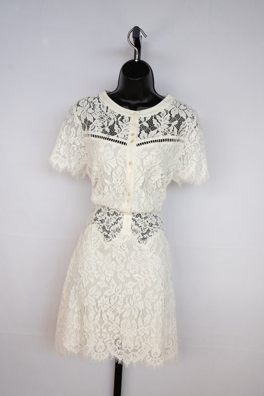 Marjolaine White Lace Short Sleeve Button Up Knee-Length Dress NWT