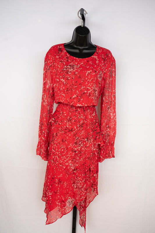 IRO Red Floral Long Sleeve Midi Dress w/ Abstract Layers