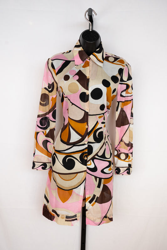 Emilio Pucci Multi Pink & Brown Abstract Print Long Sleeve Button Up Top
