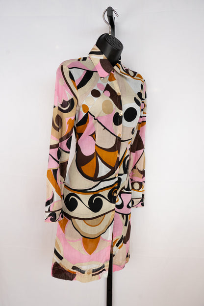 Emilio Pucci Multi Pink & Brown Abstract Print Long Sleeve Button Up Top