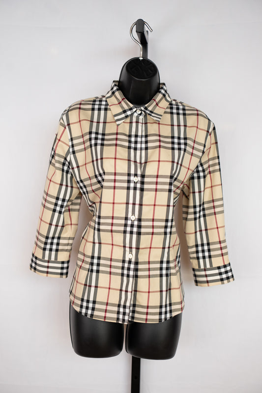 Burberry Beige Red Black White Check Collared Long Sleeve Button Up Shirt