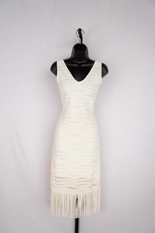 Parker White Stripe Textured Sleeveless Midi Dress w Fringe Hem