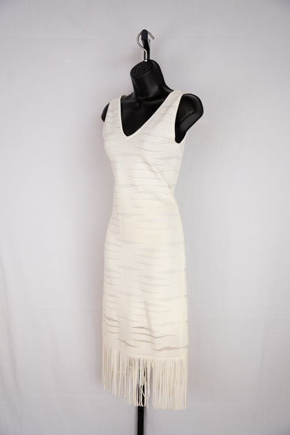 Parker White Stripe Textured Sleeveless Midi Dress w Fringe Hem