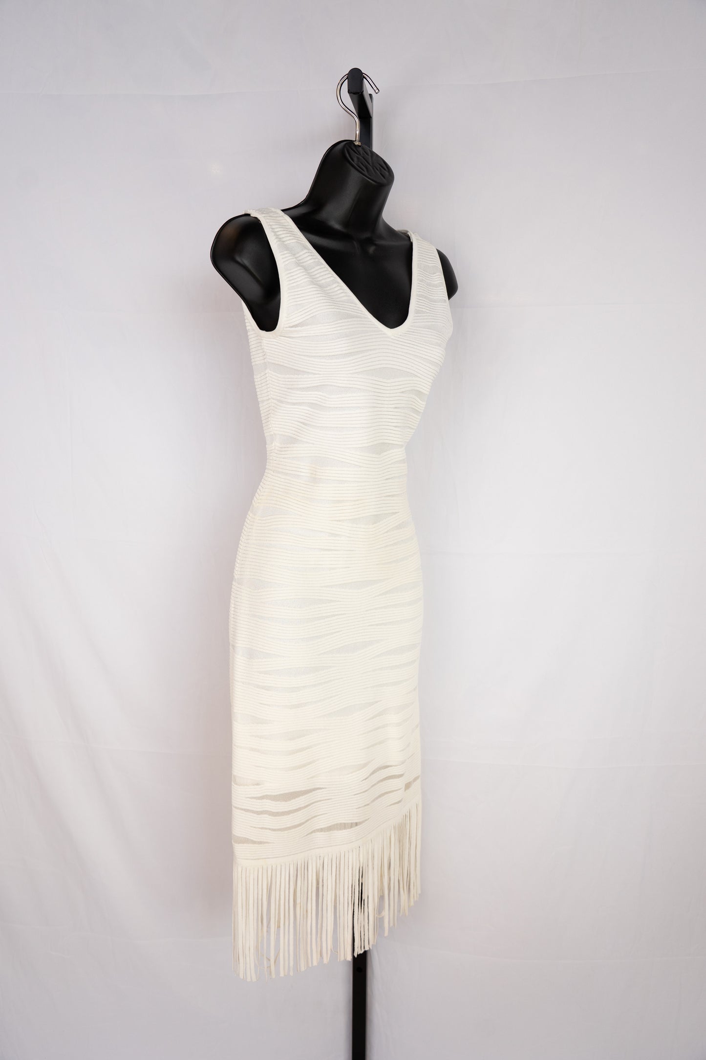 Parker White Stripe Textured Sleeveless Midi Dress w Fringe Hem