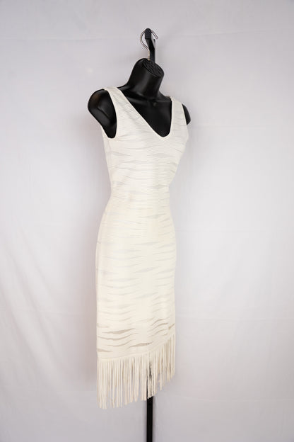 Parker White Stripe Textured Sleeveless Midi Dress w Fringe Hem