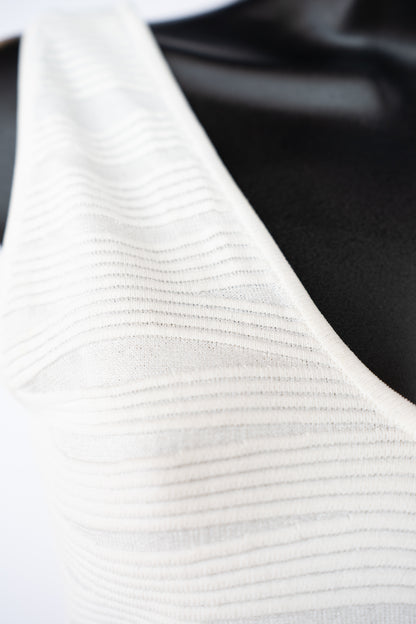 Parker White Stripe Textured Sleeveless Midi Dress w Fringe Hem