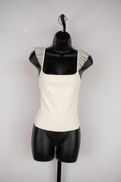 Alice + Olivia Cream White Ribbed Tank Top w Ruffle Straps