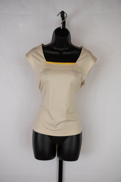 Akris Punto Square Neck Tan w/Yellow Stripe Top