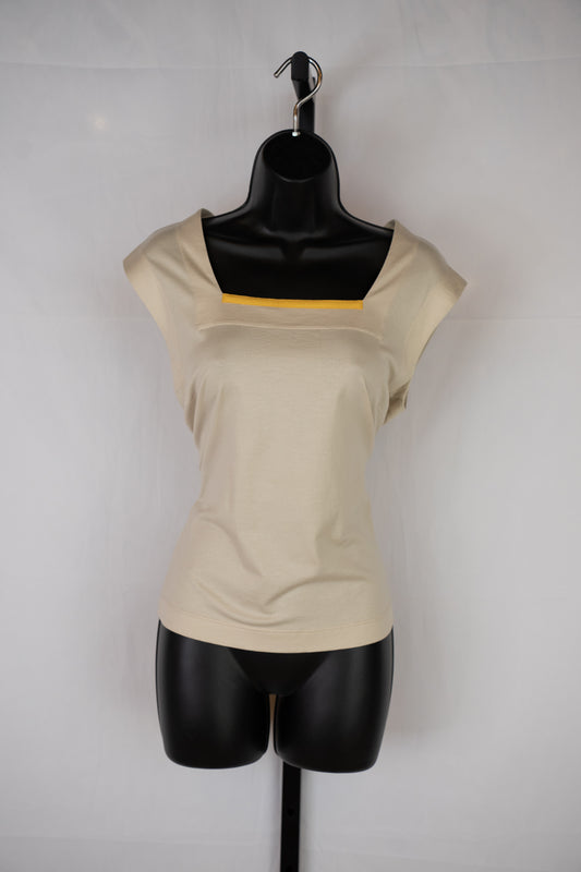 Akris Punto Square Neck Tan w/Yellow Stripe Top