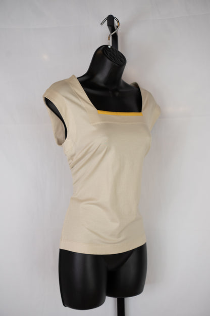 Akris Punto Square Neck Tan w/Yellow Stripe Top