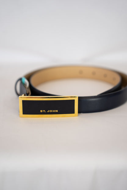 St. John Leather Skinny Navy Belt w Black & Gold Rectangle Logo Buckle