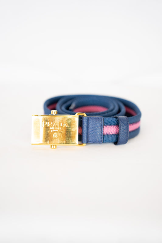 Prada Canvas Blue & Pink Stripe Skinny Belt w Gold Clasp Closure Buckle