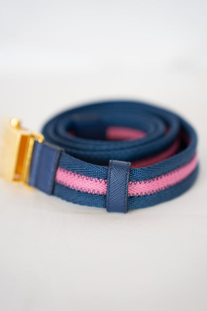 Prada Canvas Blue & Pink Stripe Skinny Belt w Gold Clasp Closure Buckle