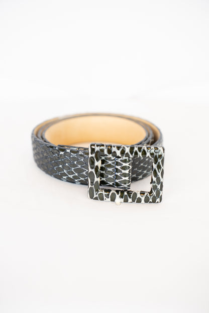 St. John Leather Black & White Genuine Snakeskin Belt w Square Buckle