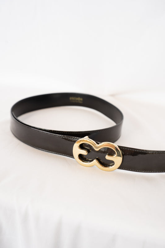 Escada Black Leather Belt w/ Gold Double E Buckle