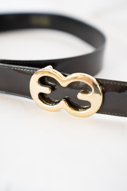 Escada Black Leather Belt w/ Gold Double E Buckle