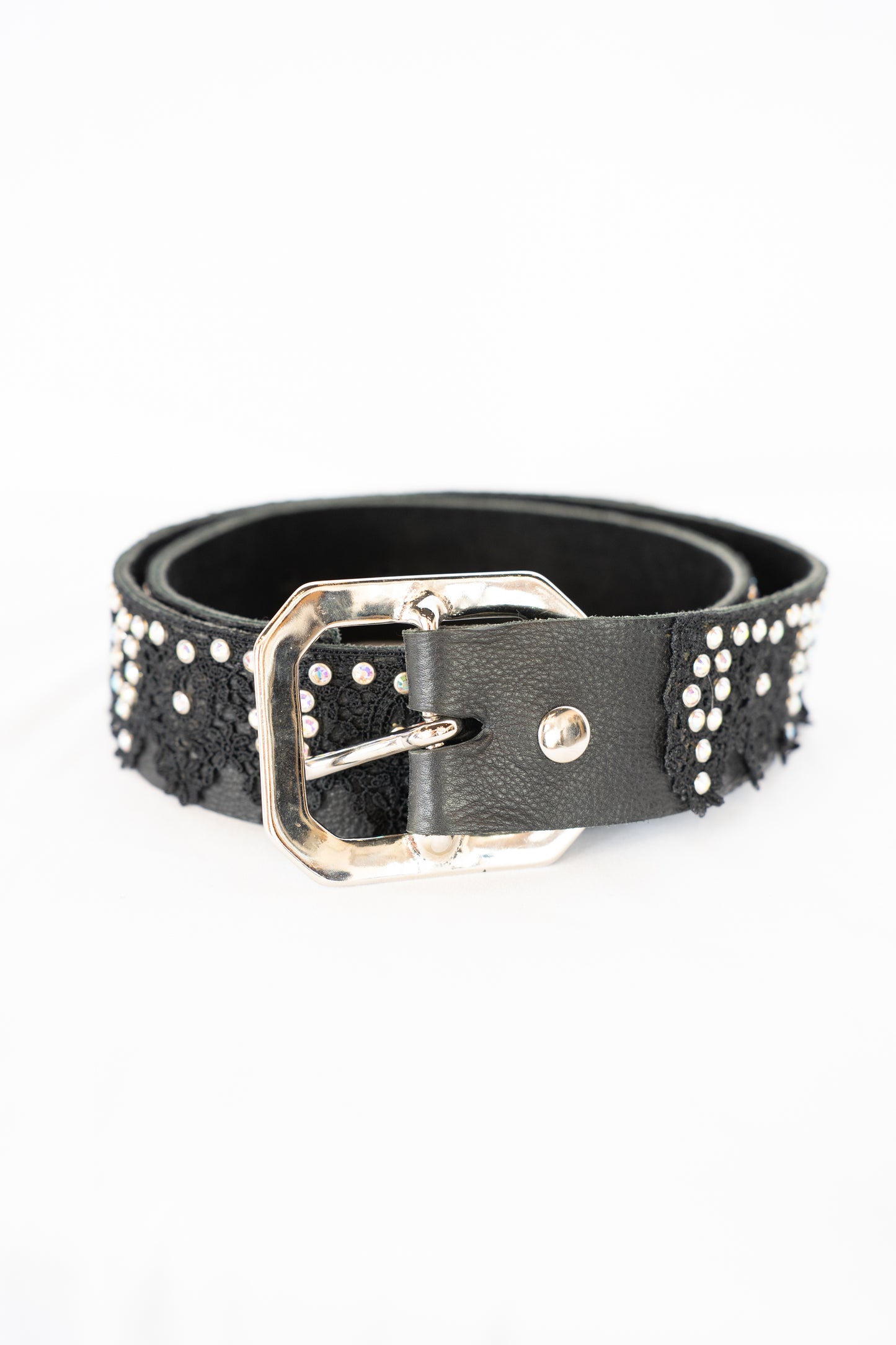Melamed Black Leather Silver Square Buckle Belt w Lace & Rhinestones