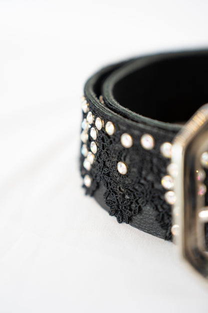 Melamed Black Leather Silver Square Buckle Belt w Lace & Rhinestones