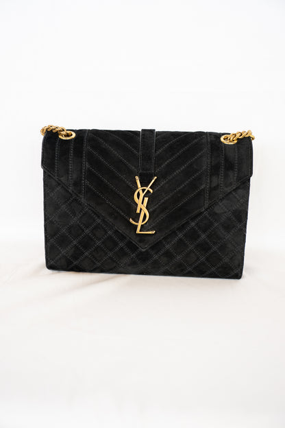 Saint Laurent YSL Black Suede Envelope Triquilt Medium Shoulder Bag w Gold Chain