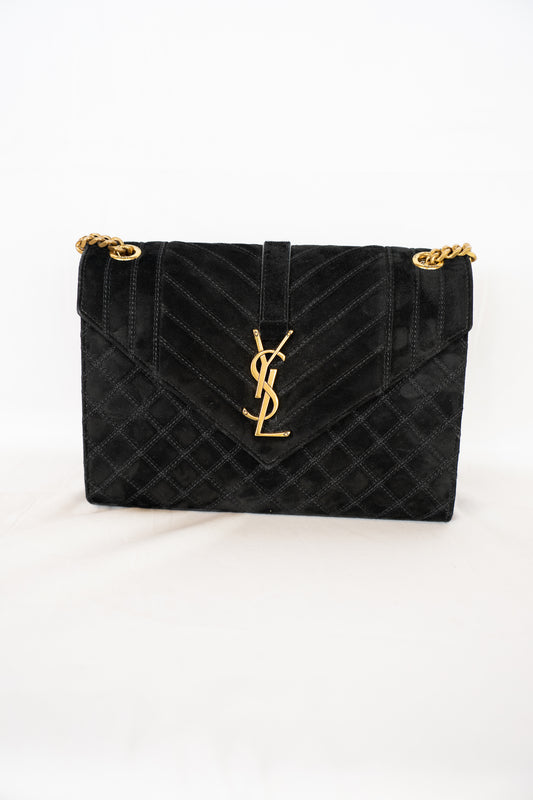 Saint Laurent YSL Black Suede Envelope Triquilt Medium Shoulder Bag w Gold Chain