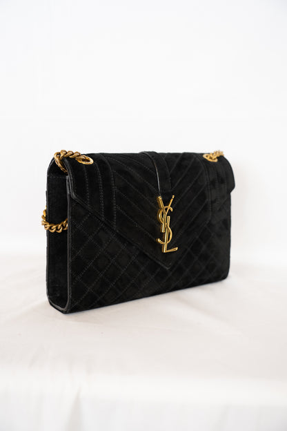 Saint Laurent YSL Black Suede Envelope Triquilt Medium Shoulder Bag w Gold Chain