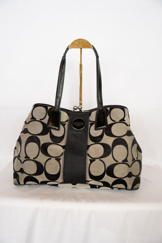 Coach F17424 Signature Stripe Framed Carryall Black & Grey Monogram