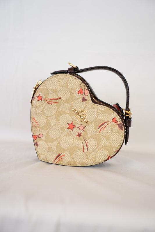 Coach Beige Monogram w Heart Strikes Heart Shaped Crossbody Bag w/ Removable Strap