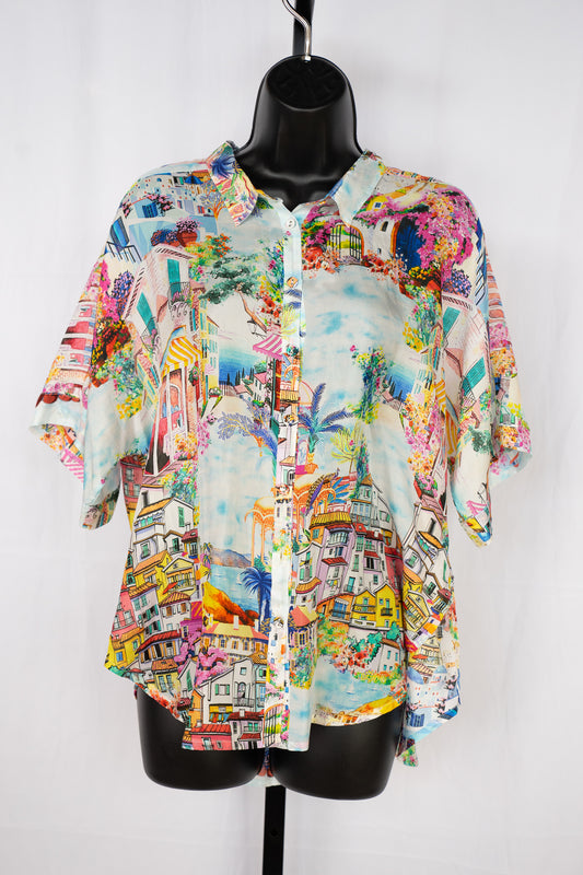 Johnny Was Silk Landscape Print Button Down Short Sleeve Blouse