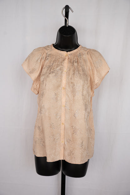 Rebecca Taylor Silk Light Pink w Silver Floral Short Flutter Sleeve Button Up Top