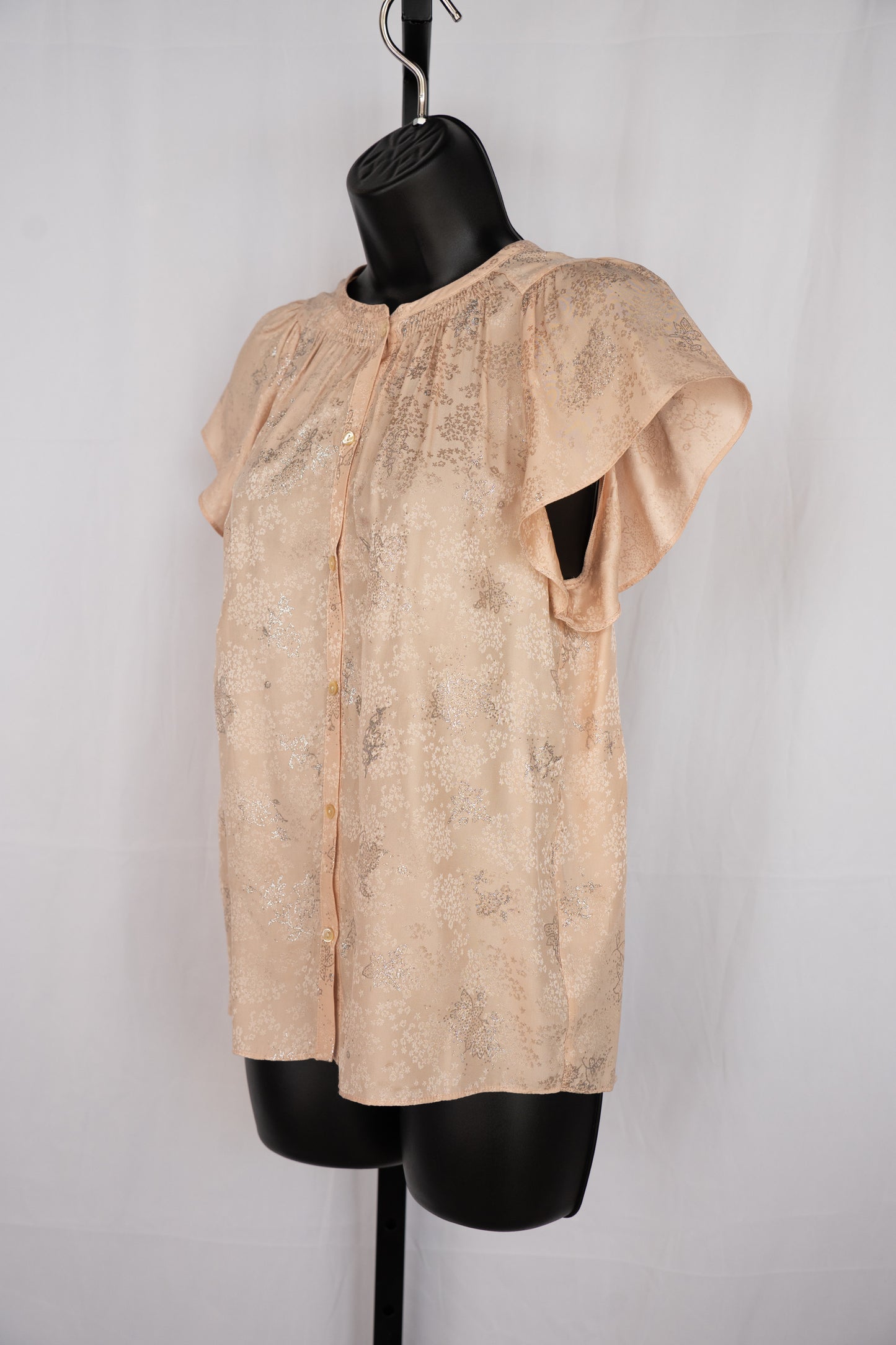Rebecca Taylor Silk Light Pink w Silver Floral Short Flutter Sleeve Button Up Top