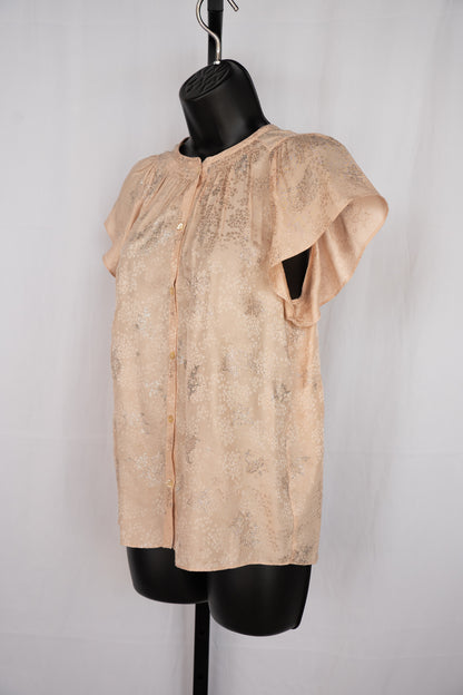 Rebecca Taylor Silk Light Pink w Silver Floral Short Flutter Sleeve Button Up Top