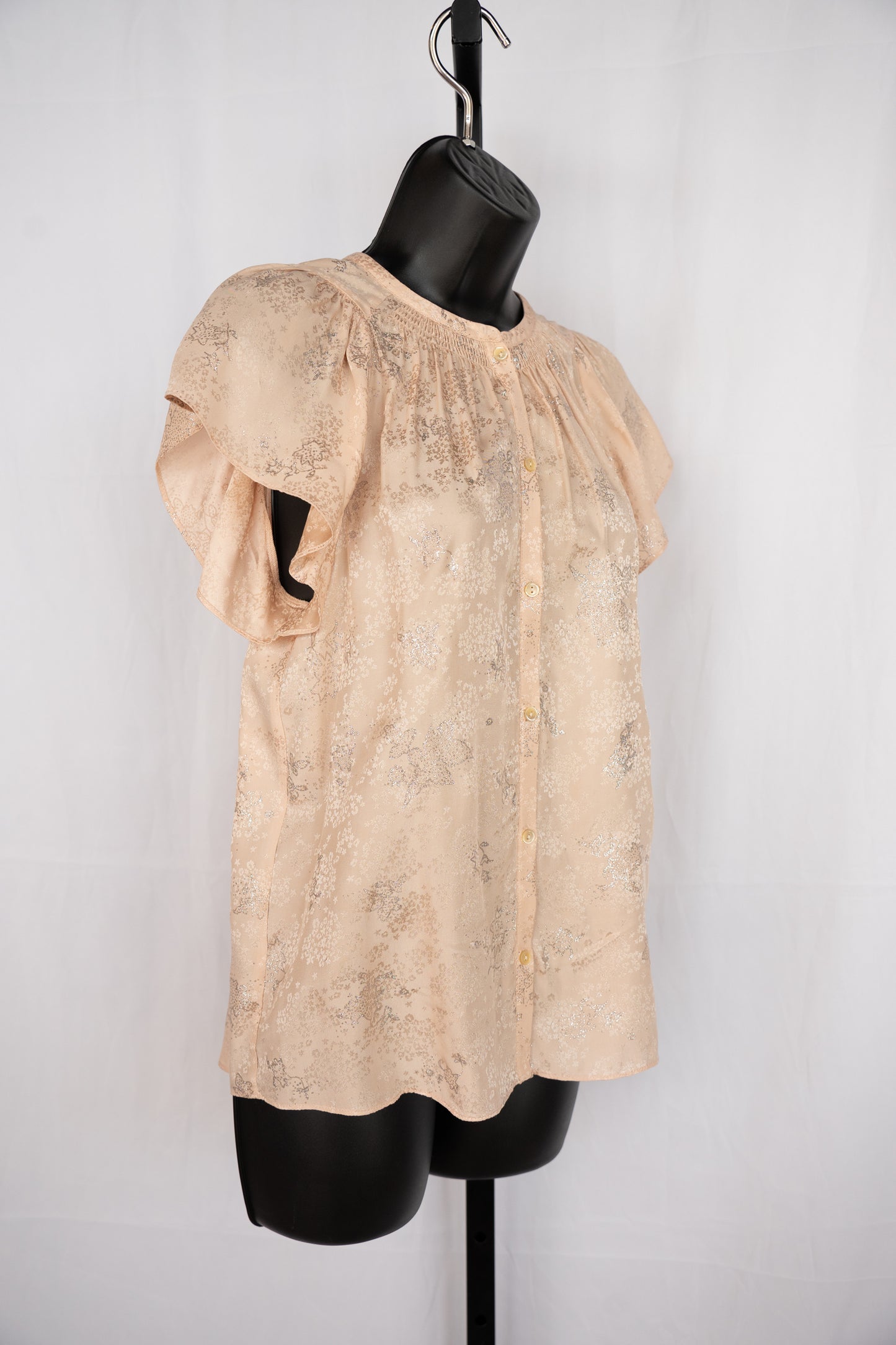 Rebecca Taylor Silk Light Pink w Silver Floral Short Flutter Sleeve Button Up Top
